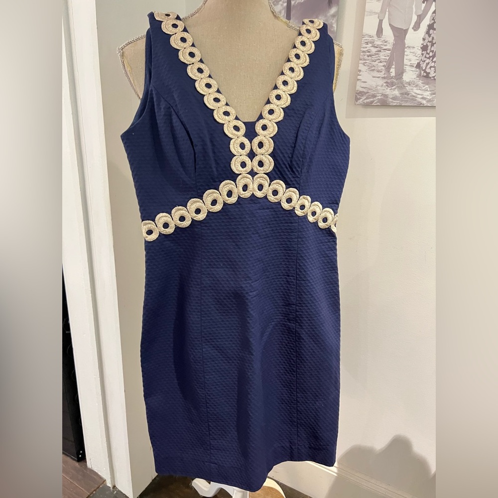 Lilly Pulitzer Navy Blue  and gold Esme Sheath Cocktail Dress